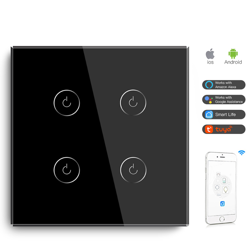 MVAVA Alexa smart home UK Tempered Glass Panel Tuya Light interruttore wifi luce Touch Smart 4 Gang wall Switch electric switch