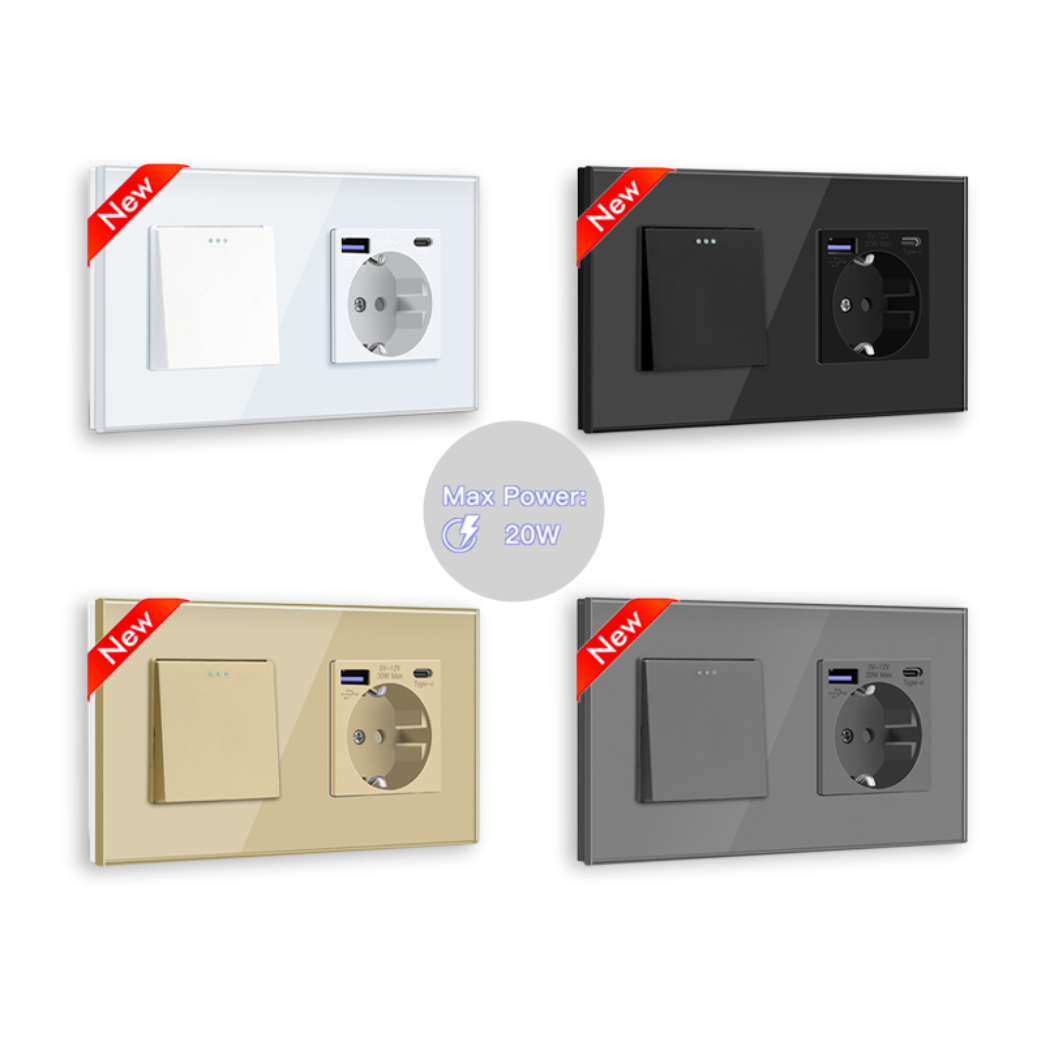 MVAVA 20W Fast USB EU Black Home Electrical Wall Switches and Sockets with Type C