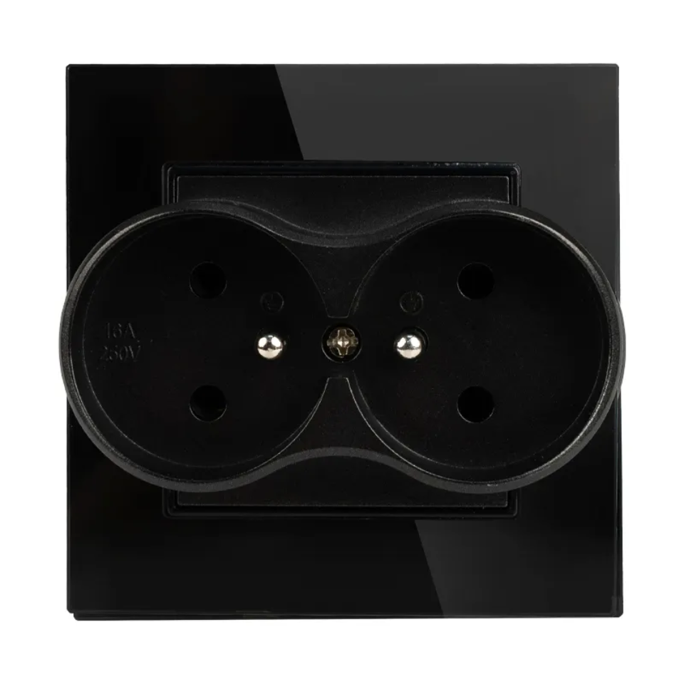 Double french black electric wall socket with glass panel - MVAVA